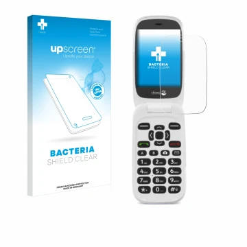 Parte frontal de un envase de producto con el logotipo de la marca upscreen. Al lado se muestra el dispositivo Doro 6520 con s