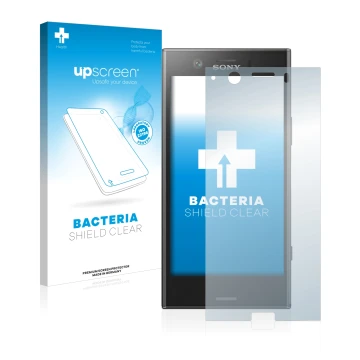 Parte frontal de un envase de producto con el logotipo de la marca upscreen. Al lado se muestra el dispositivo Sony Xperia XZ1