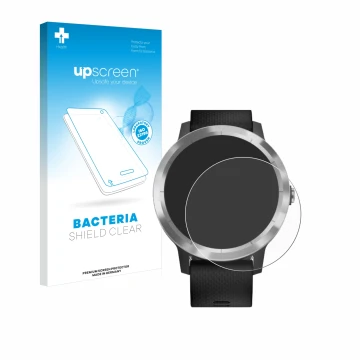 Parte frontal de un envase de producto con el logotipo de la marca upscreen. Al lado se muestra el dispositivo Garmin vivoacti