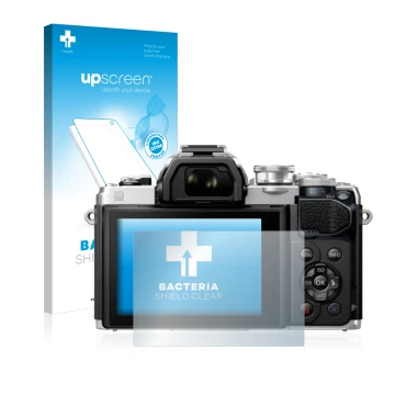 Parte frontal de un envase de producto con el logotipo de la marca upscreen. Al lado se muestra el dispositivo Olympus OM-D E-
