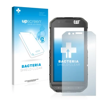 Parte frontal de un envase de producto con el logotipo de la marca upscreen. Al lado se muestra el dispositivo Caterpillar Cat