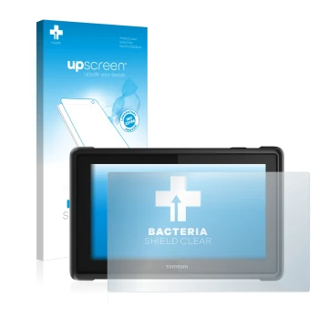 Parte frontal de un envase de producto con el logotipo de la marca upscreen. Al lado se muestra el dispositivo TomTom Pro 8275