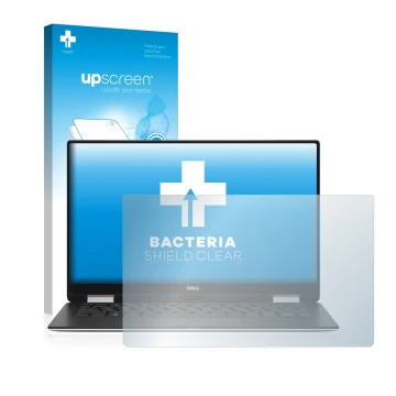 Parte frontal de un envase de producto con el logotipo de la marca upscreen. Al lado se muestra el dispositivo Dell XPS 13 936