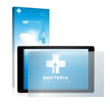 Parte frontal de un envase de producto con el logotipo de la marca upscreen. Al lado se muestra el dispositivo Amazon Fire HD 