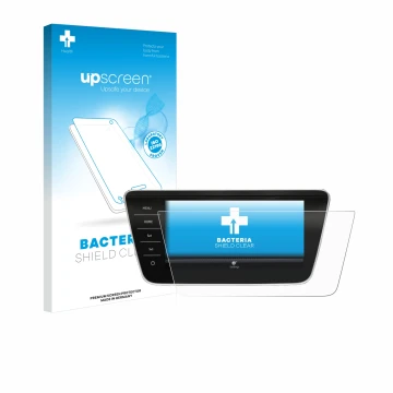Parte frontal de un envase de producto con el logotipo de la marca upscreen. Al lado se muestra el dispositivo Skoda Superb Bu