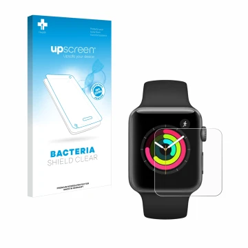 Parte frontal de un envase de producto con el logotipo de la marca upscreen. Al lado se muestra el dispositivo Apple Watch Ser