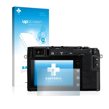 Parte frontal de un envase de producto con el logotipo de la marca upscreen. Al lado se muestra el dispositivo Fujifilm X-E3 c