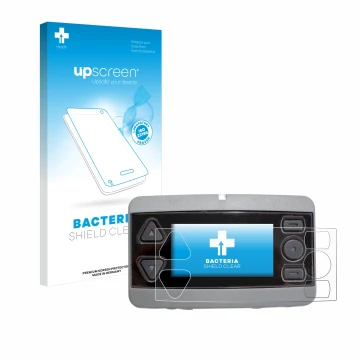 Parte frontal de un envase de producto con el logotipo de la marca upscreen. Al lado se muestra el dispositivo Airbus P8GR con