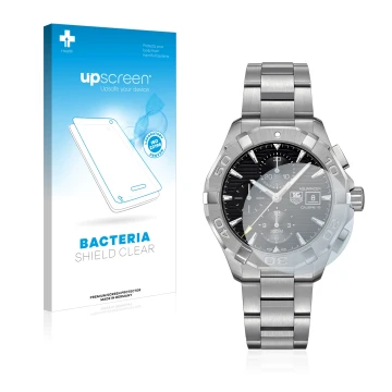 Parte frontal de un envase de producto con el logotipo de la marca upscreen. Al lado se muestra el dispositivo TAG Heuer Aquar
