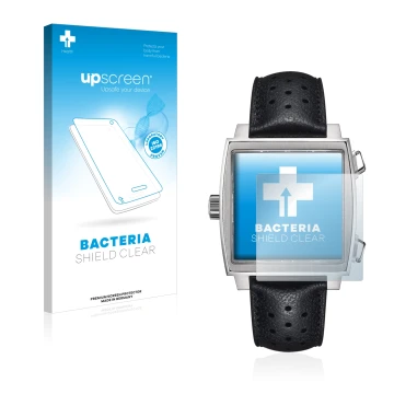 Parte frontal de un envase de producto con el logotipo de la marca upscreen. Al lado se muestra el dispositivo TAG Heuer Monac