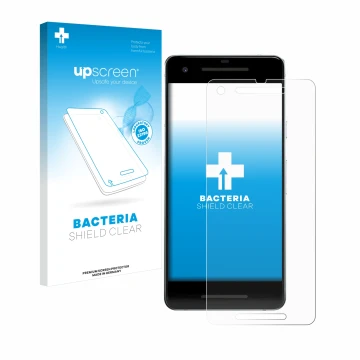 Parte frontal de un envase de producto con el logotipo de la marca upscreen. Al lado se muestra el dispositivo Google Pixel 2 