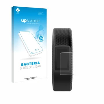 Parte frontal de un envase de producto con el logotipo de la marca upscreen. Al lado se muestra el dispositivo Garmin Vivospor