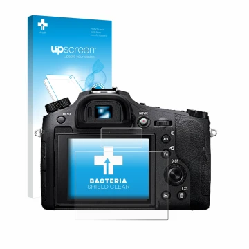 Parte frontal de un envase de producto con el logotipo de la marca upscreen. Al lado se muestra el dispositivo Sony Cyber-Shot