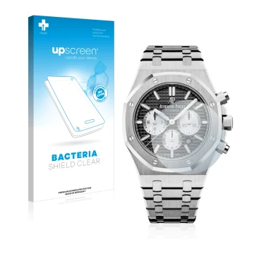 Parte frontal de un envase de producto con el logotipo de la marca upscreen. Al lado se muestra el dispositivo Audemars Piguet