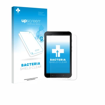 Parte frontal de un envase de producto con el logotipo de la marca upscreen. Al lado se muestra el dispositivo Samsung Galaxy 