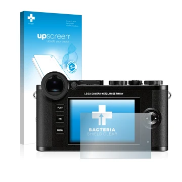 Parte frontal de un envase de producto con el logotipo de la marca upscreen. Al lado se muestra el dispositivo Leica CL con su