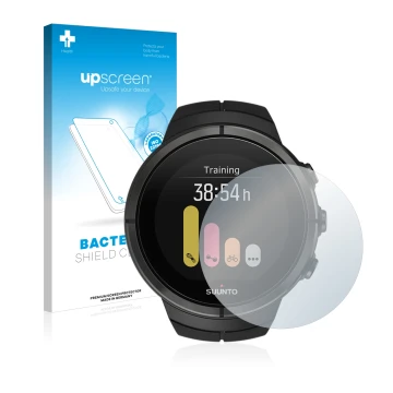 Parte frontal de un envase de producto con el logotipo de la marca upscreen. Al lado se muestra el dispositivo Suunto Spartan 