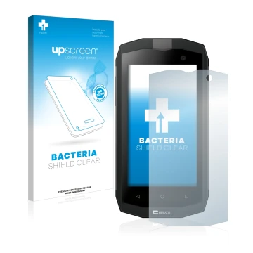 Parte frontal de un envase de producto con el logotipo de la marca upscreen. Al lado se muestra el dispositivo Crosscall Trekk