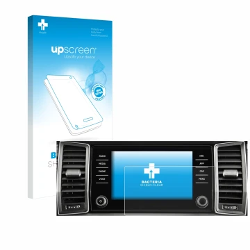 Parte frontal de un envase de producto con el logotipo de la marca upscreen. Al lado se muestra el dispositivo Skoda Columbus 