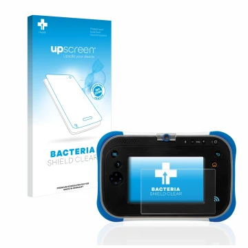 Parte frontal de un envase de producto con el logotipo de la marca upscreen. Al lado se muestra el dispositivo Vtech Storio Ma