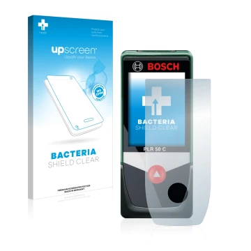 Parte frontal de un envase de producto con el logotipo de la marca upscreen. Al lado se muestra el dispositivo Bosch PLR 50 C 