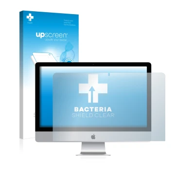 Parte frontal de un envase de producto con el logotipo de la marca upscreen. Al lado se muestra el dispositivo Apple iMac 21.5