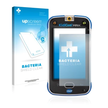 Parte frontal de un envase de producto con el logotipo de la marca upscreen. Al lado se muestra el dispositivo Vtech Kidicom M