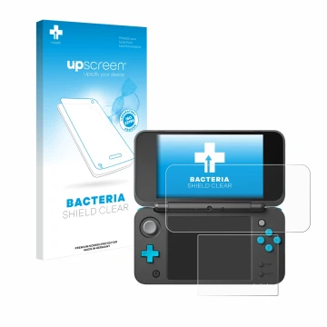 Parte frontal de un envase de producto con el logotipo de la marca upscreen. Al lado se muestra el dispositivo New Nintendo 2D