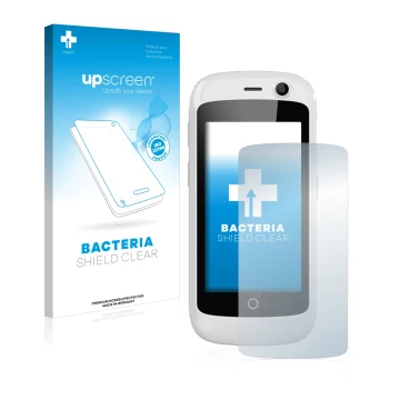 Parte frontal de un envase de producto con el logotipo de la marca upscreen. Al lado se muestra el dispositivo Unihertz Jelly 