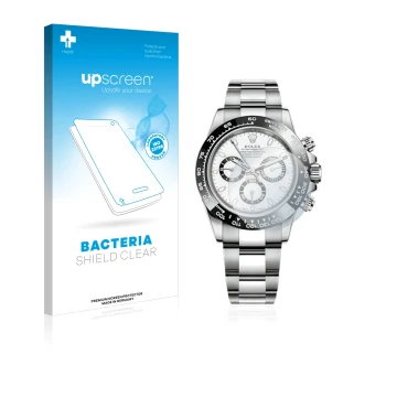Parte frontal de un envase de producto con el logotipo de la marca upscreen. Al lado se muestra el dispositivo Rolex Cosmograp