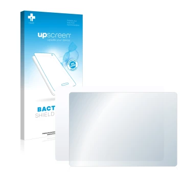 Parte frontal de un envase de producto con el logotipo de la marca upscreen. Al lado se muestra el dispositivo Apple Magic 2 (
