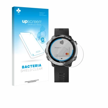 Parte frontal de un envase de producto con el logotipo de la marca upscreen. Al lado se muestra el dispositivo Garmin Forerunn