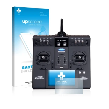 Parte frontal de un envase de producto con el logotipo de la marca upscreen. Al lado se muestra el dispositivo Robbe Futaba FX
