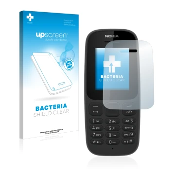 Parte frontal de un envase de producto con el logotipo de la marca upscreen. Al lado se muestra el dispositivo Nokia 105 2017 