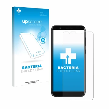 Parte frontal de un envase de producto con el logotipo de la marca upscreen. Al lado se muestra el dispositivo Huawei P smart 