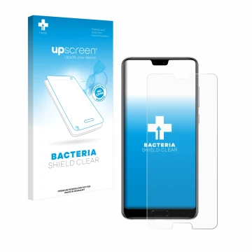 Parte frontal de un envase de producto con el logotipo de la marca upscreen. Al lado se muestra el dispositivo Huawei P20 Pro 