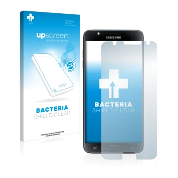 Parte frontal de un envase de producto con el logotipo de la marca upscreen. Al lado se muestra el dispositivo Samsung Galaxy 