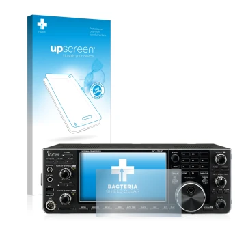 Parte frontal de un envase de producto con el logotipo de la marca upscreen. Al lado se muestra el dispositivo Icom IC-7610 co