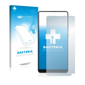 Parte frontal de un envase de producto con el logotipo de la marca upscreen. Al lado se muestra el dispositivo Xiaomi Mi Mix 2