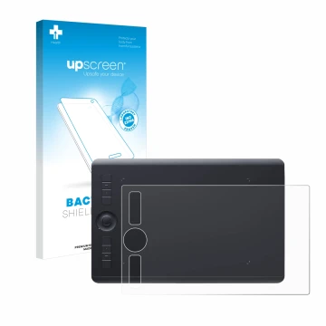 Parte frontal de un envase de producto con el logotipo de la marca upscreen. Al lado se muestra el dispositivo Wacom Intuos Pr