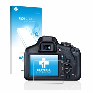 Parte frontal de un envase de producto con el logotipo de la marca upscreen. Al lado se muestra el dispositivo Canon EOS 2000D