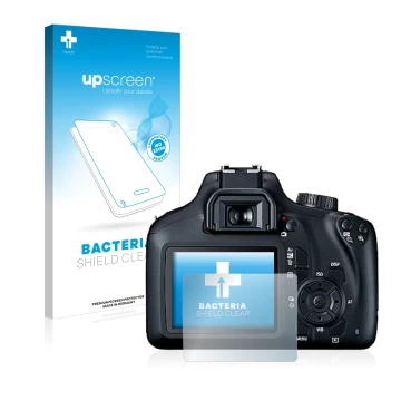Parte frontal de un envase de producto con el logotipo de la marca upscreen. Al lado se muestra el dispositivo Canon EOS 4000D