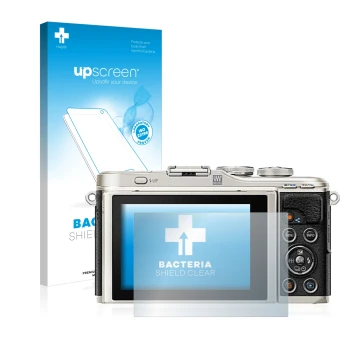 Parte frontal de un envase de producto con el logotipo de la marca upscreen. Al lado se muestra el dispositivo Olympus PEN E-P