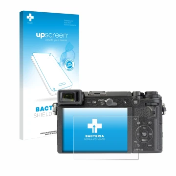 Parte frontal de un envase de producto con el logotipo de la marca upscreen. Al lado se muestra el dispositivo Panasonic Lumix