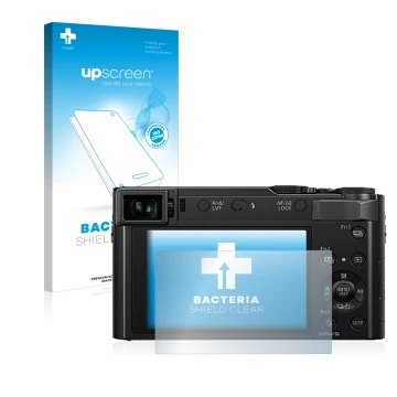 Parte frontal de un envase de producto con el logotipo de la marca upscreen. Al lado se muestra el dispositivo Panasonic Lumix