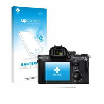 Parte frontal de un envase de producto con el logotipo de la marca upscreen. Al lado se muestra el dispositivo Sony Alpha 7 II