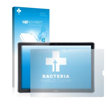 Parte frontal de un envase de producto con el logotipo de la marca upscreen. Al lado se muestra el dispositivo Huawei MediaPad