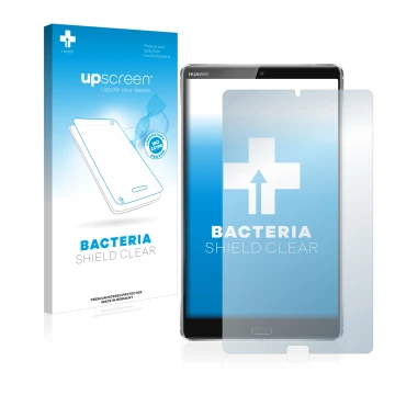 Parte frontal de un envase de producto con el logotipo de la marca upscreen. Al lado se muestra el dispositivo Huawei MediaPad