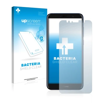 Parte frontal de un envase de producto con el logotipo de la marca upscreen. Al lado se muestra el dispositivo Huawei Y6 2018 