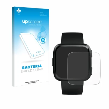 Parte frontal de un envase de producto con el logotipo de la marca upscreen. Al lado se muestra el dispositivo Fitbit Versa co